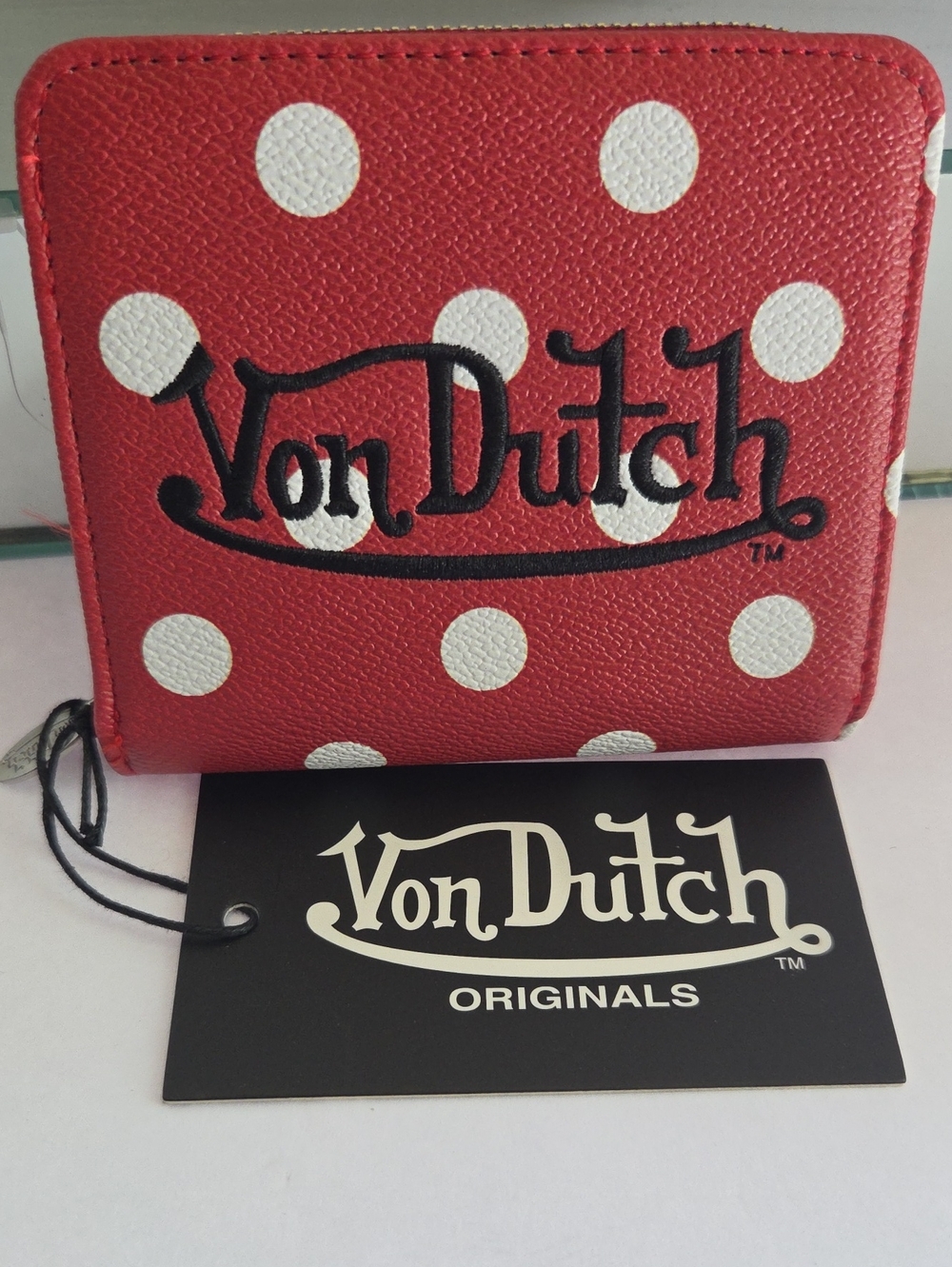 Von Dutch Red and White Polka Dot Zip Wallet